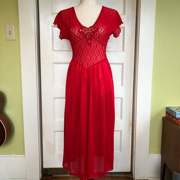 Adonna Other - VTG Adonna Lace & Satin Nightgown Slip Dress S Red Long USA Lingerie Romantic